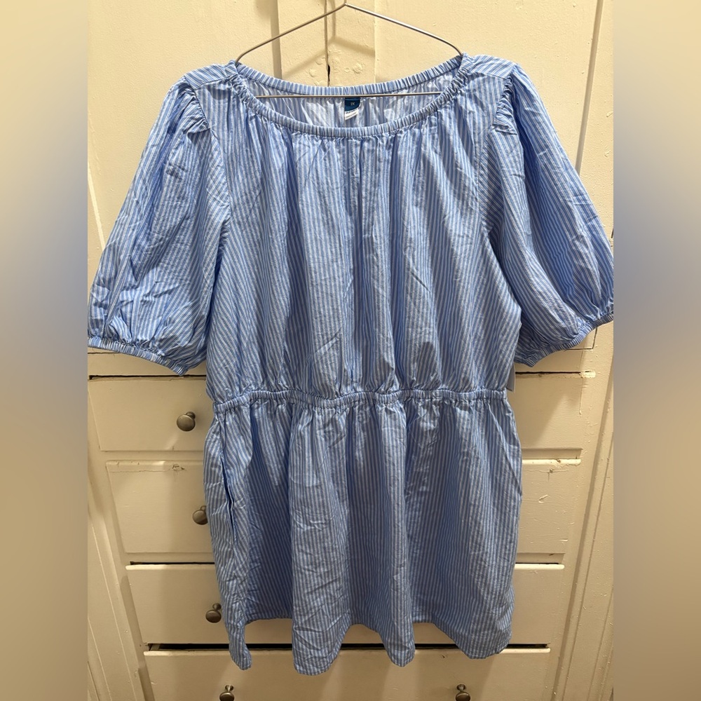 NWT Old Navy 2X Light Blue/White Striped Puff-Sleeve Cotton Dress